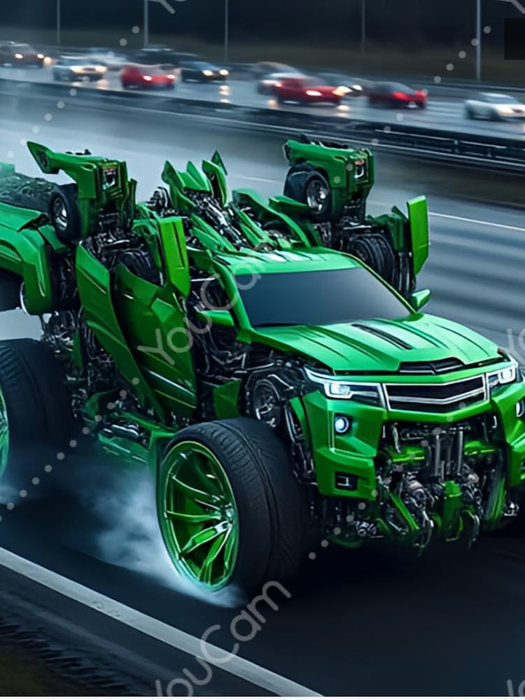 Green Truck Transforms from robot mode to car mode.