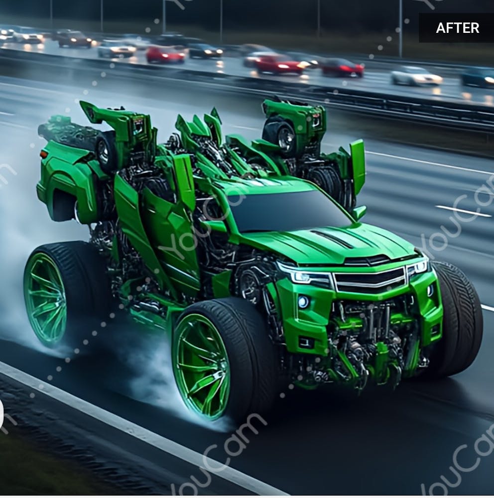 Green Truck Transforms from robot mode to car mode.