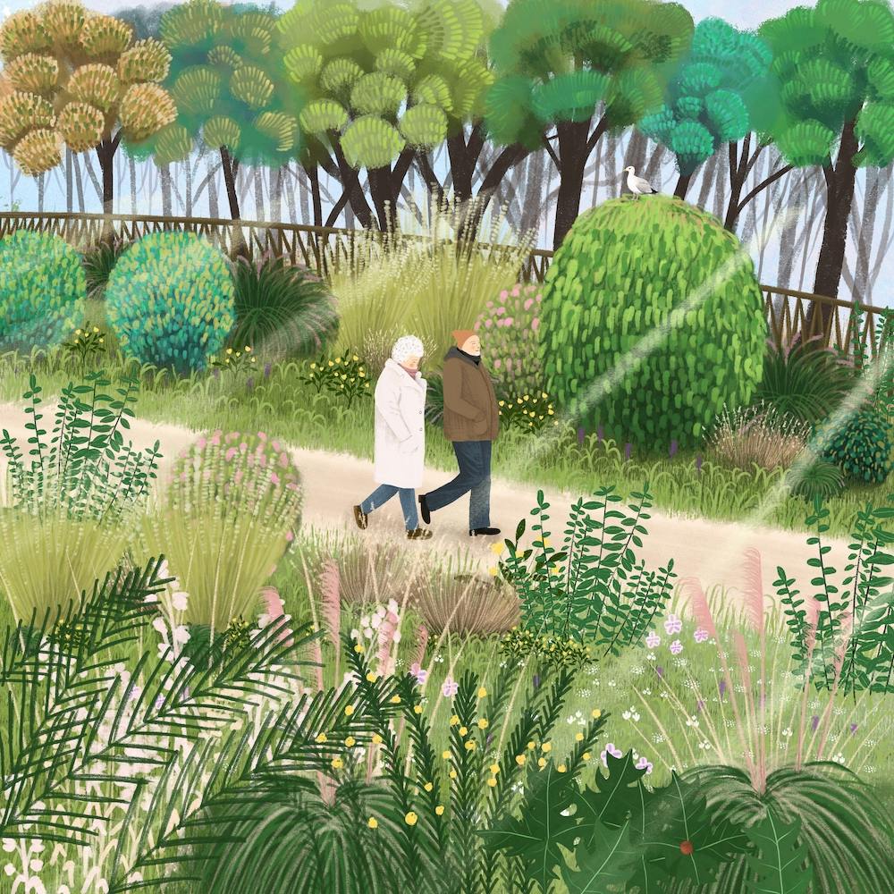 Old Couple Walking In The Garden Retirement Life Square