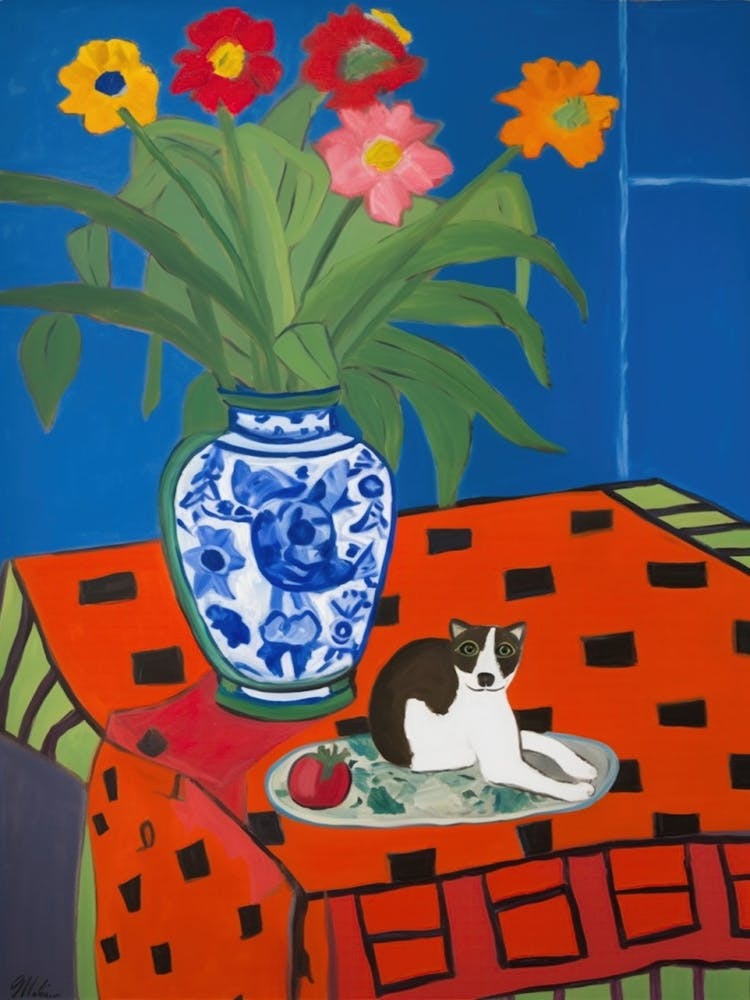 Ein Gemälde eines Stilllebens mit Rittersporn und einer Katze im Stil von Matisse 3