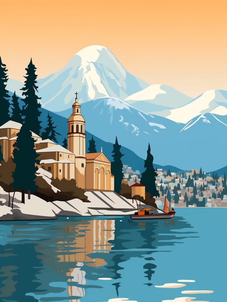 Retro Winter Illustration Lake Como Italy 3