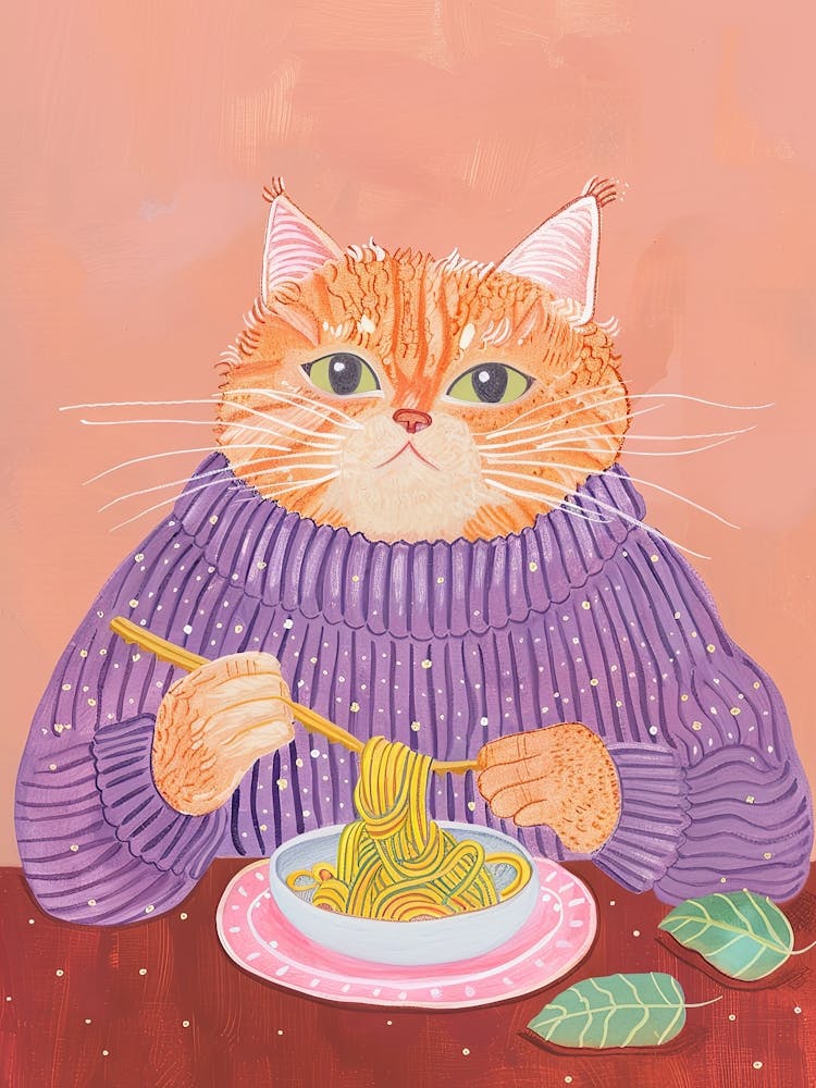 Orange Katze Nudelliebhaber Volksillustration 4