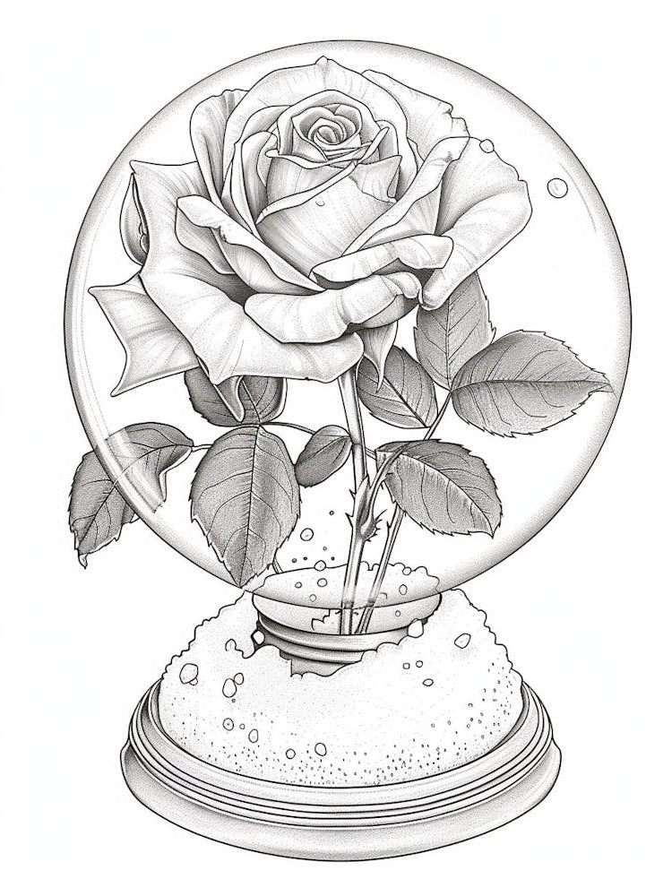 Rose In A Snow Globe Line Drawing 2