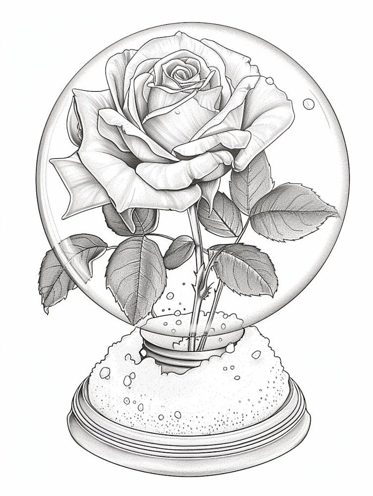 Rose In A Snow Globe Line Drawing 2