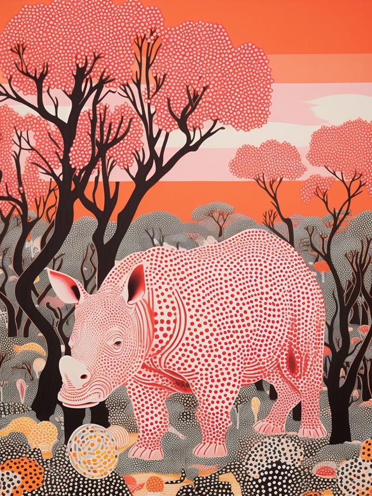 Rhino In The Trees Orange & Pink 1