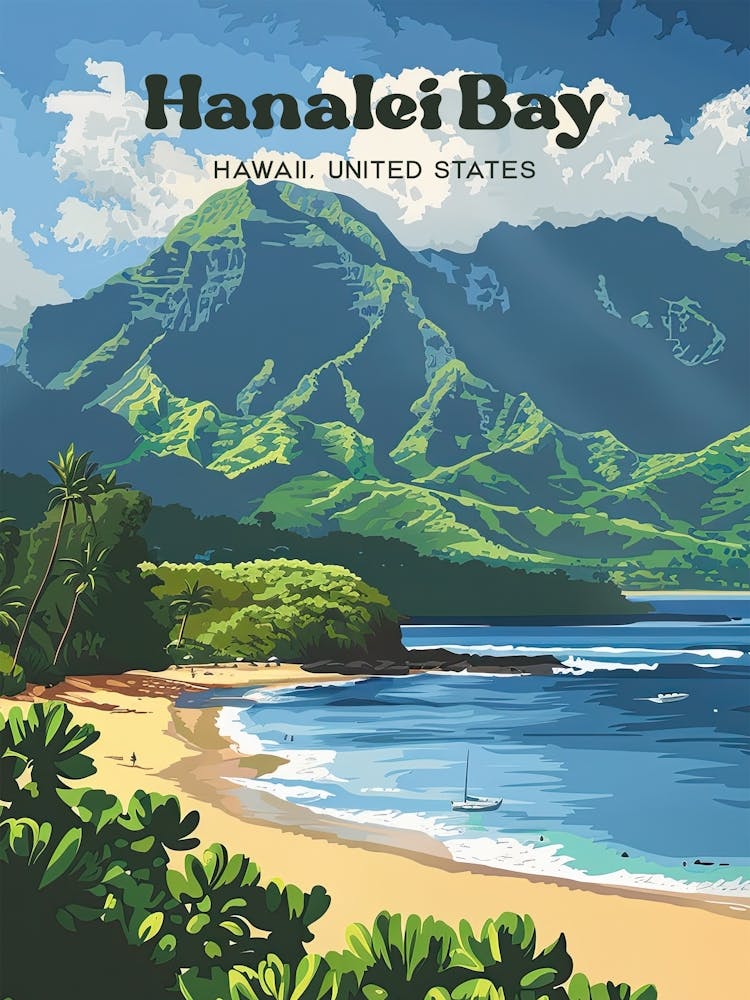 Hanalei Bay Hawaii Vintage Digital Travel Illustration