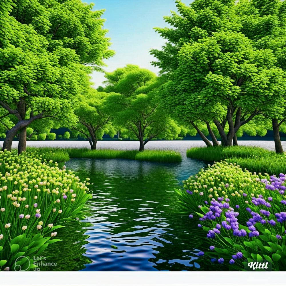 Lake With Trees And Flowers