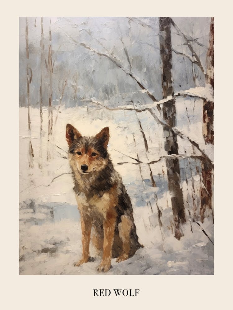 Vintage Winter Animal Painting Poster Red Wolf 1