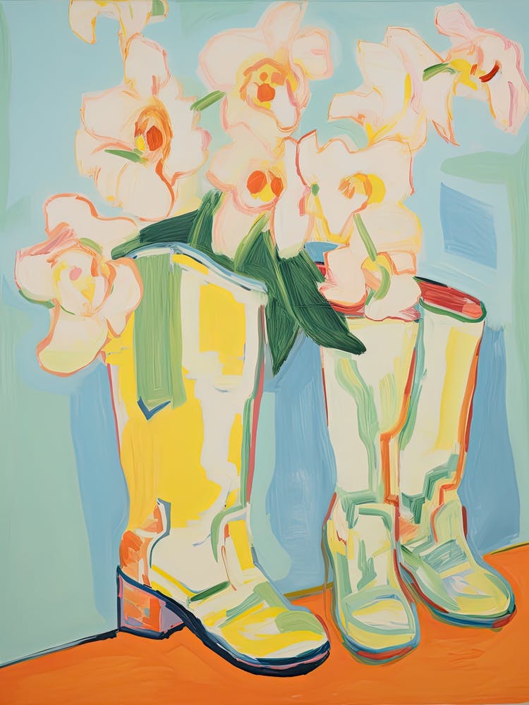 Painting Of White Flowers And Cowboy Boots, Oil Style 3