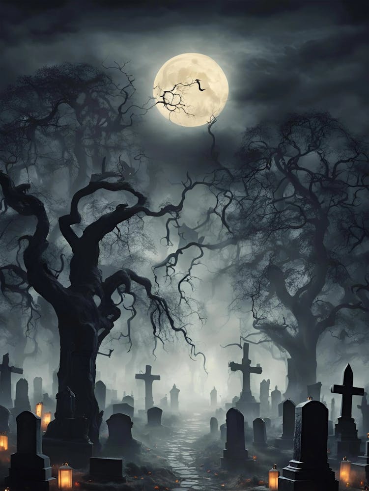 Scary Trees & Haunted Night Scene, Halloween Decor