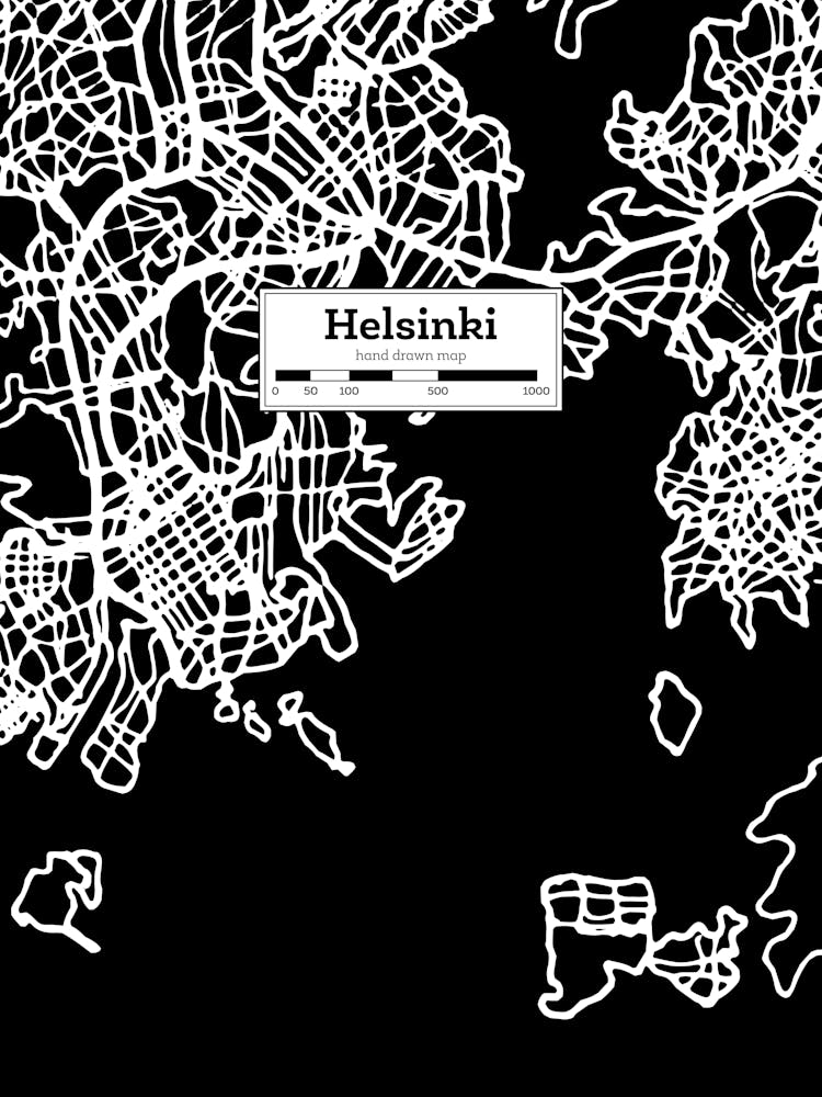 Helsinki City Map, Finland — Hand-drawn map, vector black map