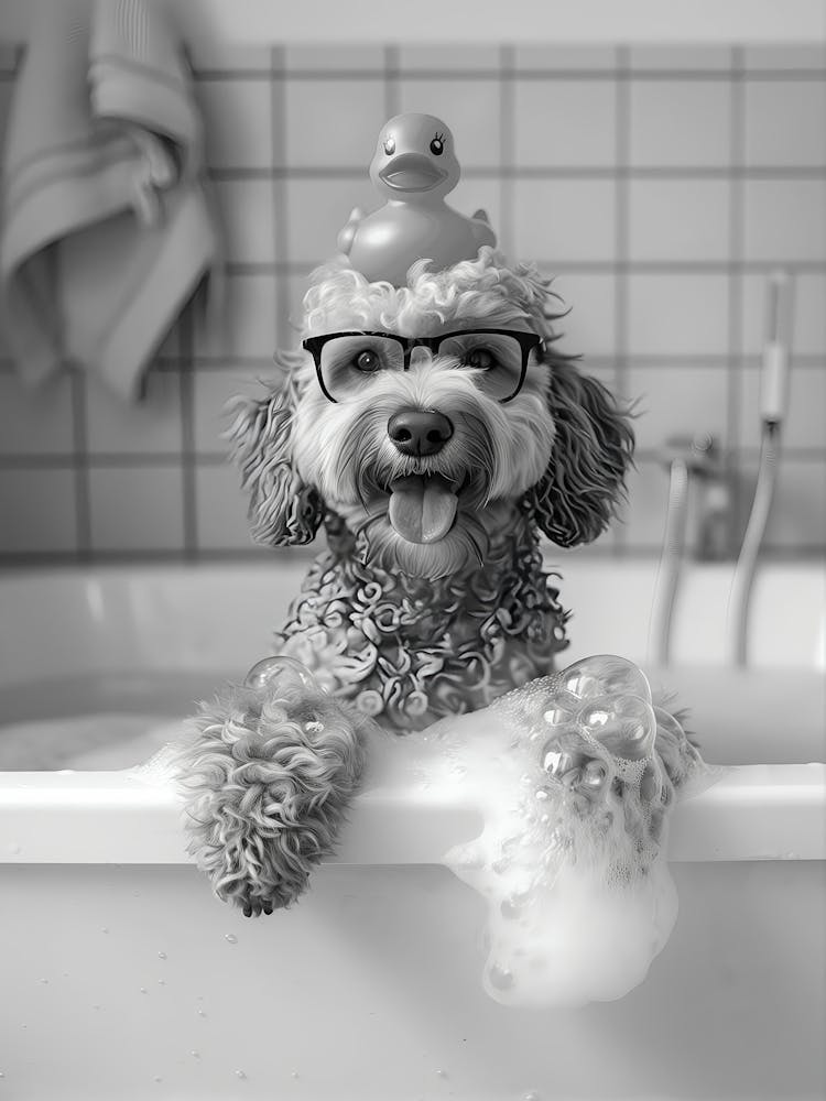 Goldendoodle Bath Wall Art, Dog And Rubber Duck Bath Tub, Black And White Print, Dog Owner Gift, Funny Dog Poster, Bathroom Wall Decor
