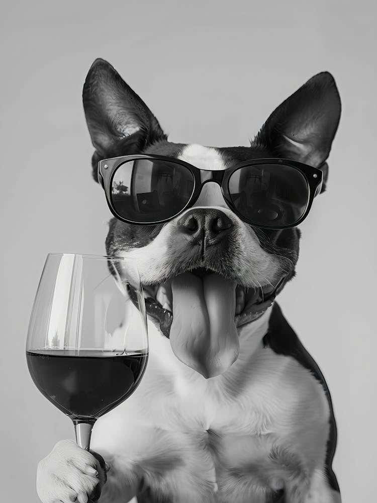 Boston Terrier And Wine Wall Art, Black And White Print, Dog Gift, Alcohol Print, Bar Cart Art, Funny Dog Poster, Kitchen Wall Decor