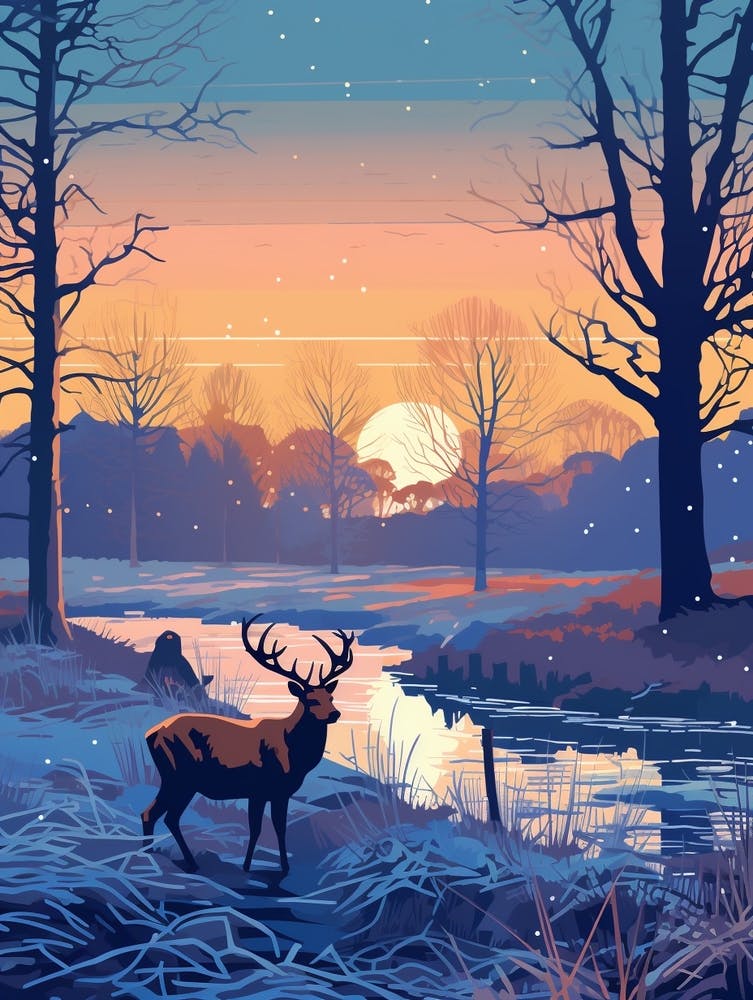 Winter Travel Night Illustration Richmond Park England 2