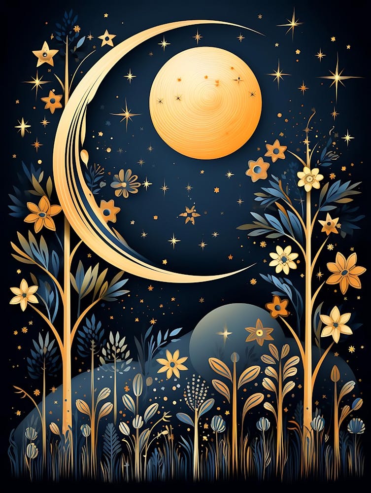 Crescent Moon Full Moon And Stylized Floral Landscape At Night