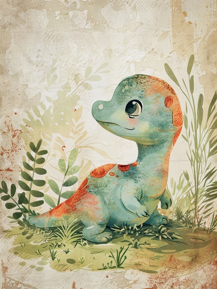 Cute Storybook Dinosaur In The Leaves Painting 2