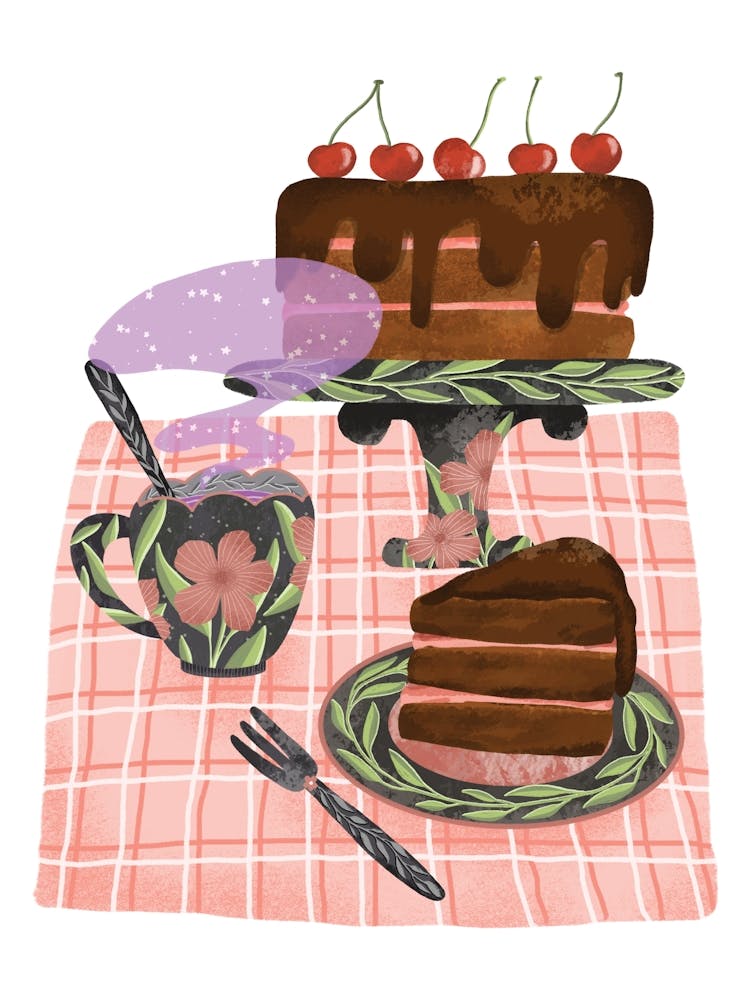 Afternoon tea time with chocolate cake