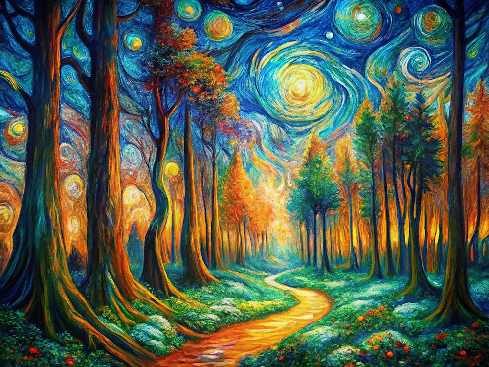 Van Gogh A Tranquil Forest With Tall Trees And Swi