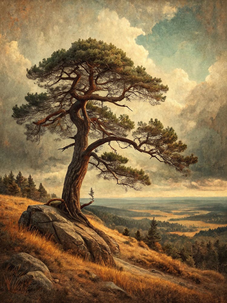 Oil Painting Style Lonely Pine Tree On Hill Aged