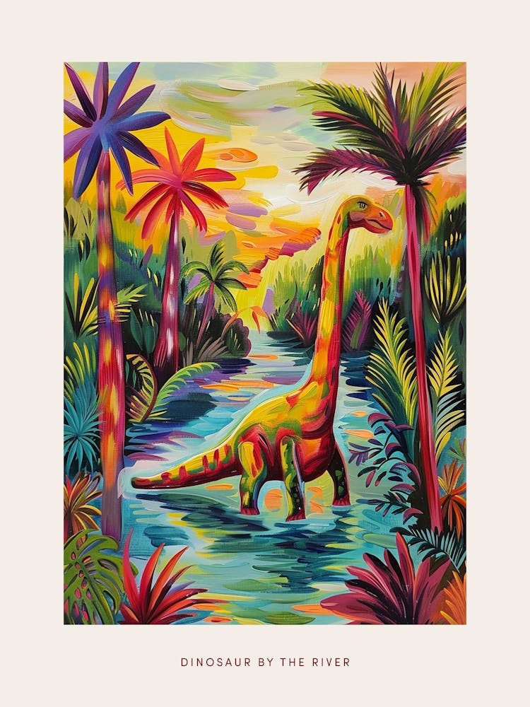 Dinosaur By The River Landscape Painting 1 Poster