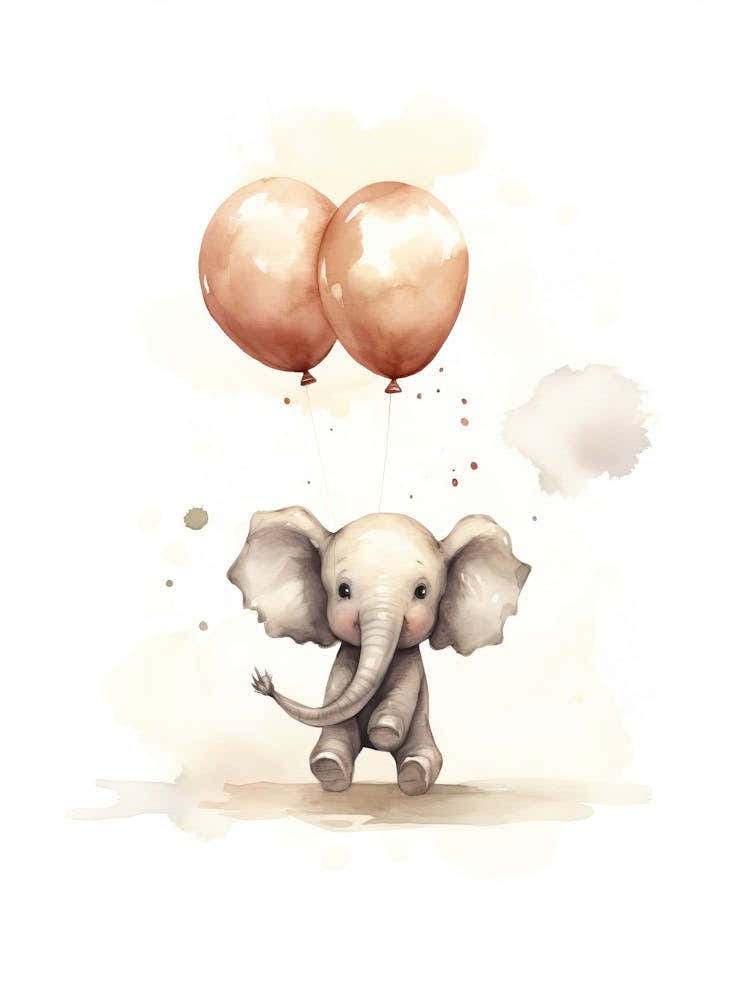 Baby Elephant Flying With Ballons, Watercolour Nursery Art 4