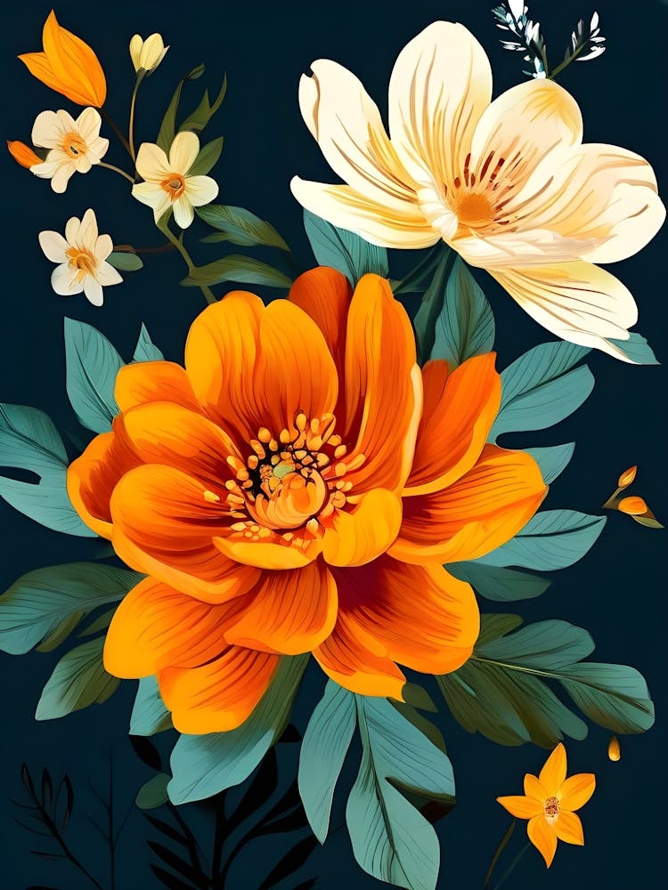 Orange Flowers On A Black Background 1