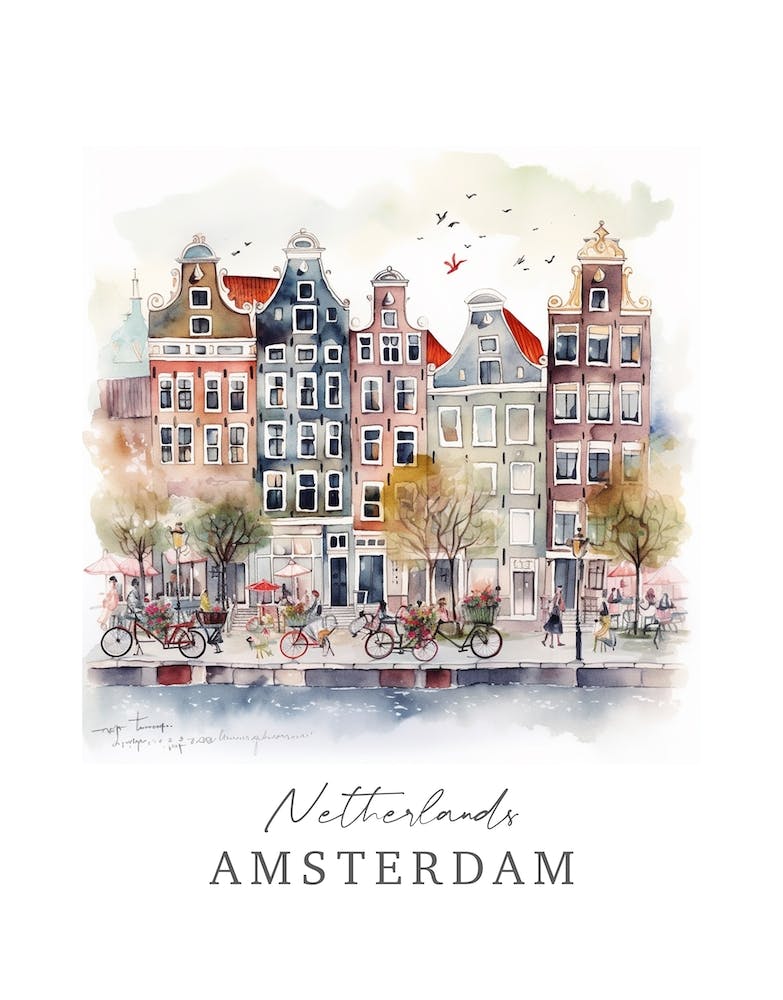 Netherlands, Amsterdam Storybook 2 Travel Poster Watercolour