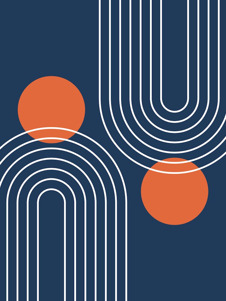 Mid Century Modern Geometric B20 In Navy Blue And Orange (Rainbow And Sun Abstract) 01