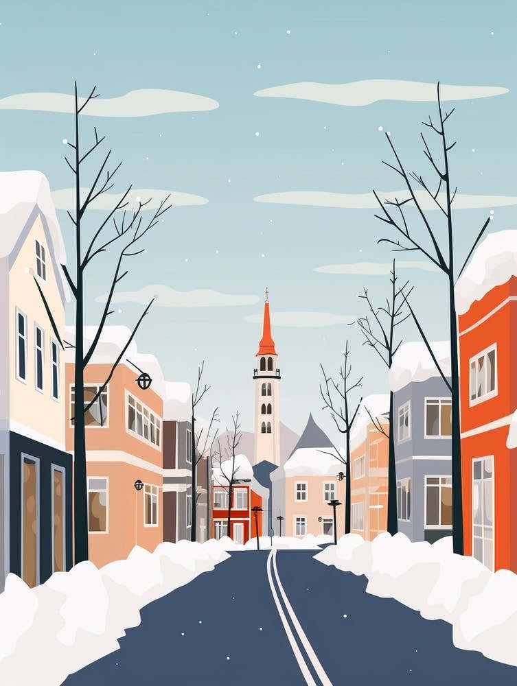 Retro Winter Illustration Reykjavik Iceland 1