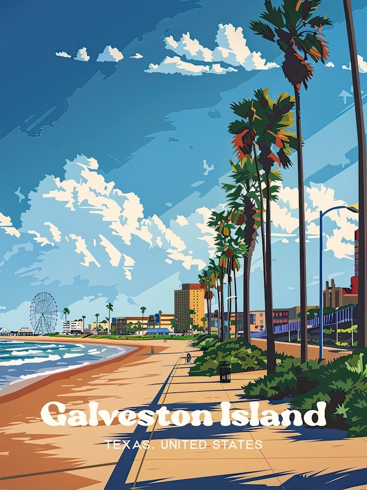 Galveston Island Texas Summer Digital Travel Illustration