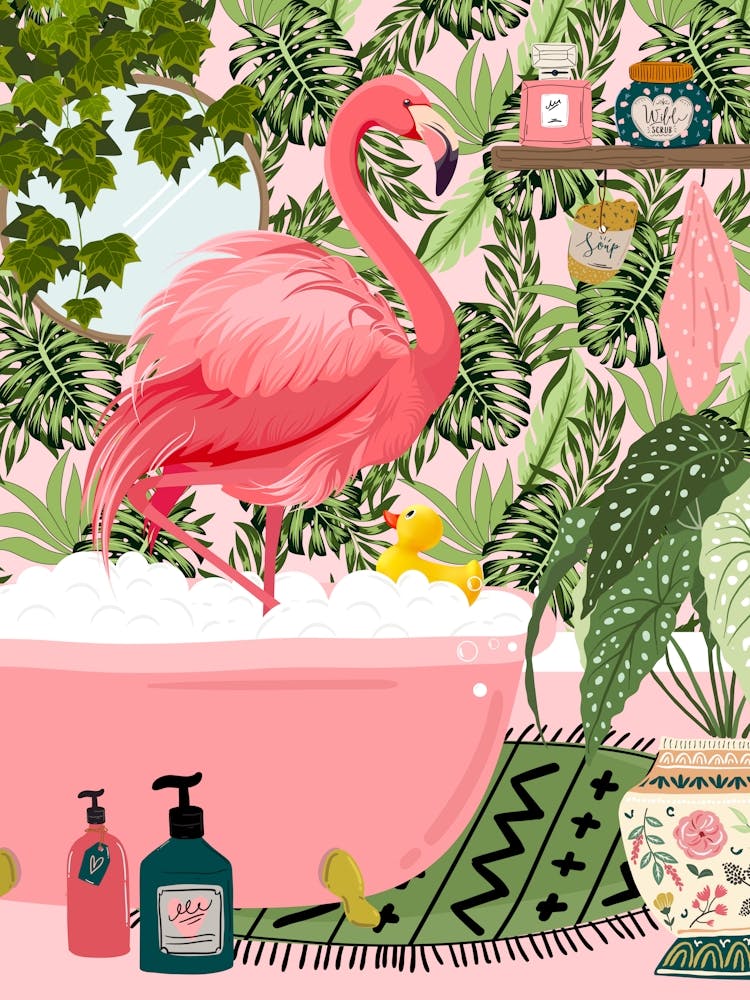 Flamingo In Bathtub Bathroom
