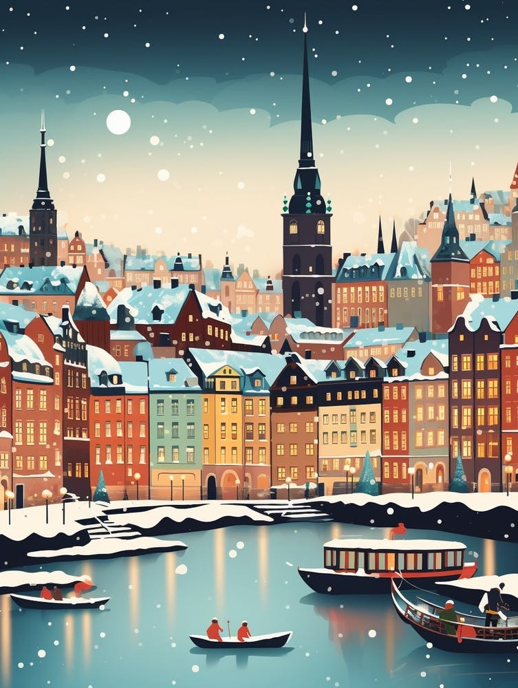 Winter Travel Night Illustration Stockholm Sweden 3