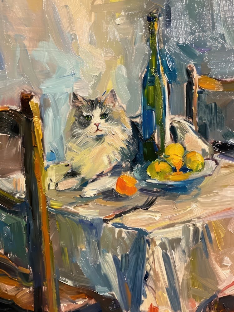 Grey Cat With Oranges And Wine