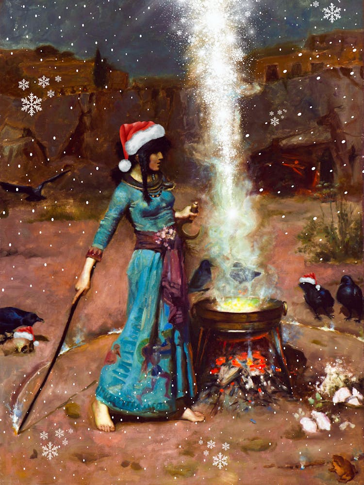 The Magic Christmas Circle - Witch in a Santa Hat Casting a Spell in the Snow - John Wiliam Waterhouse