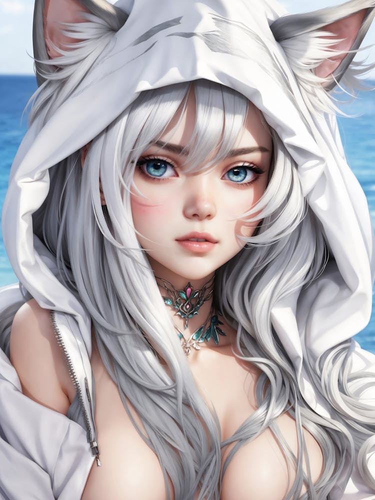 In a summer fantasy, a sexy hentai girl with blonde hair and cat ears captivates — cosplay allure and anime charm converge in this manga dreamscape.