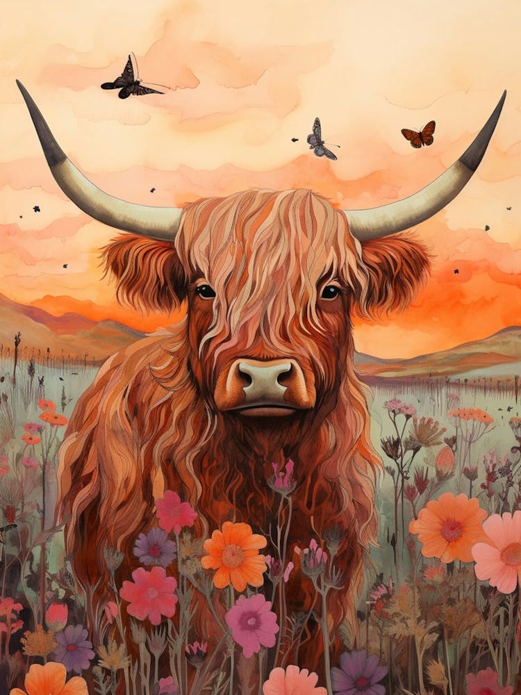 Highland Cow At Sunset With Butterflies