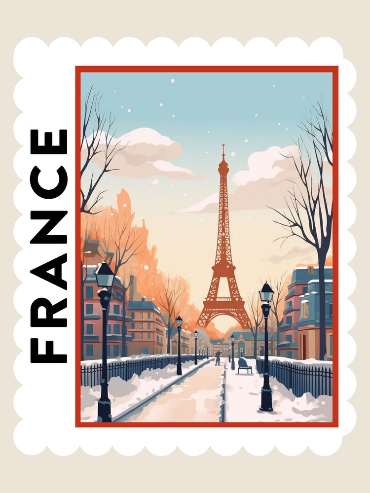 Retro Winter Stamp Poster Paris France 3
