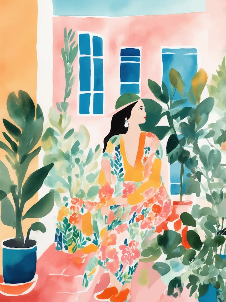 Watercolor Of A Woman in the garden