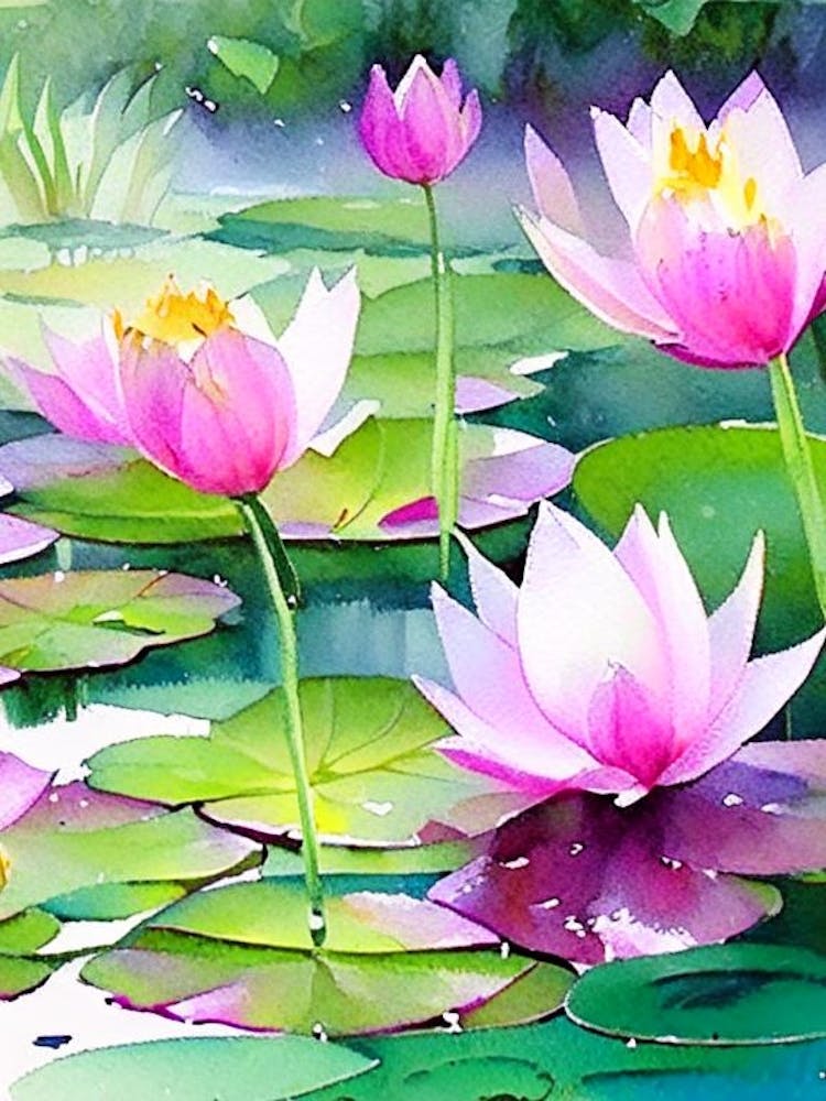 Lotus Flowers In Park Watercolour 1