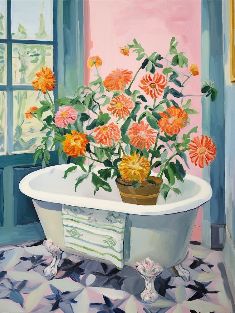 A Bathtube Full Of Zinnia In A Bathroom 2