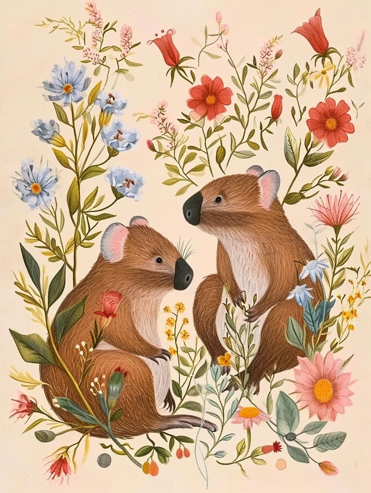 Folksy Floral Animal Drawing Wombat 3
