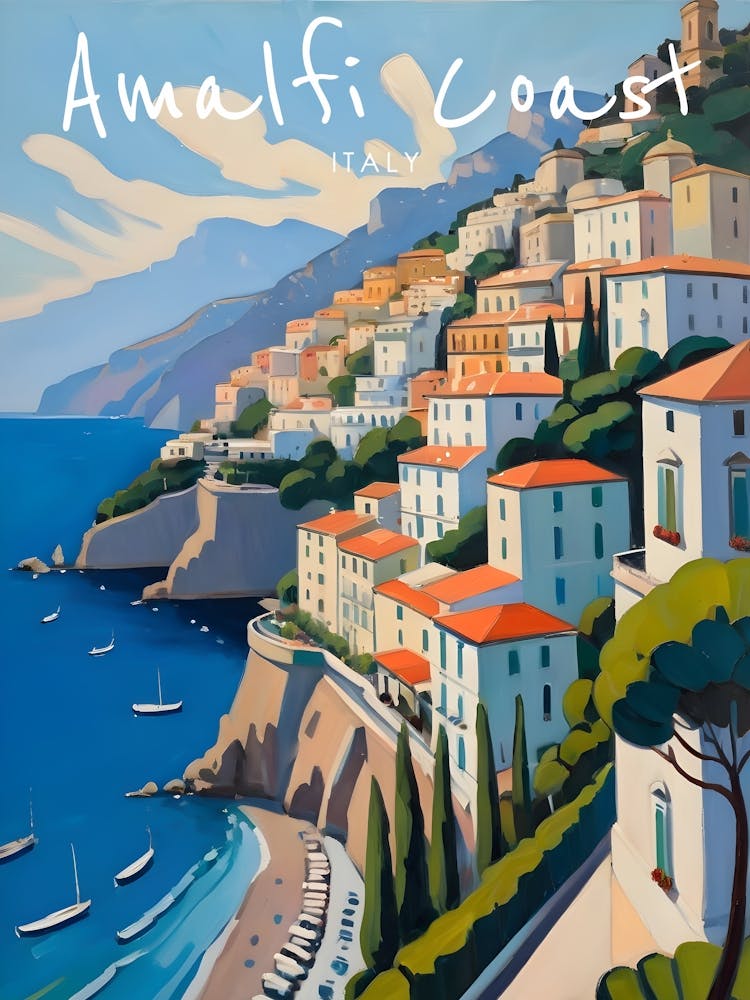 Amalfi Coast Italy Travel Poster Fauvist Style Painting