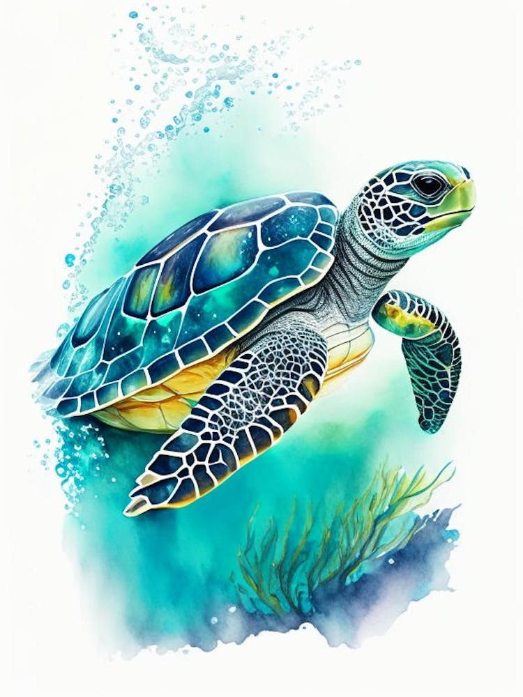 Sea Turtle In Deep Ocean, Sea Turtle Watercolour 2