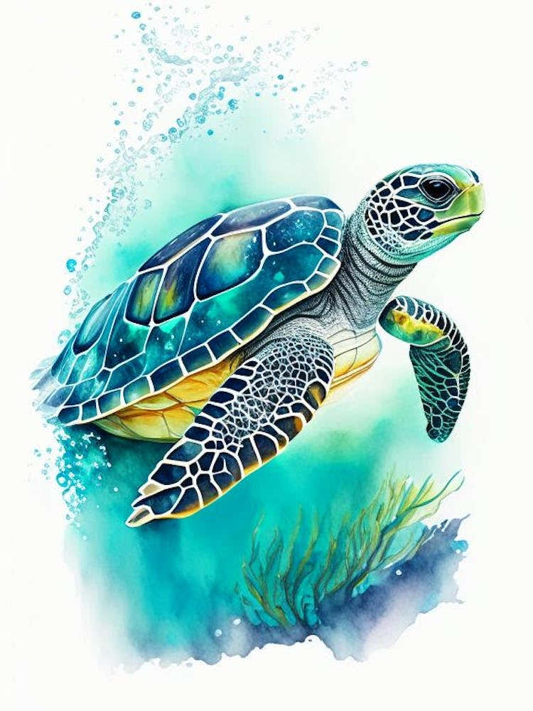 Sea Turtle In Deep Ocean, Sea Turtle Watercolour 2