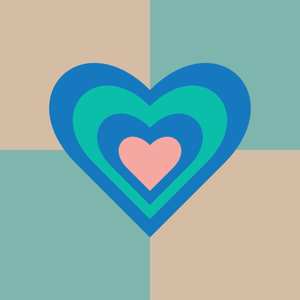 LOVE HEARTS CHECKERBOARD Single Retro Alt Valentines in Royal Blue Turquoise Pink on Beige Aqua Geometric Grid