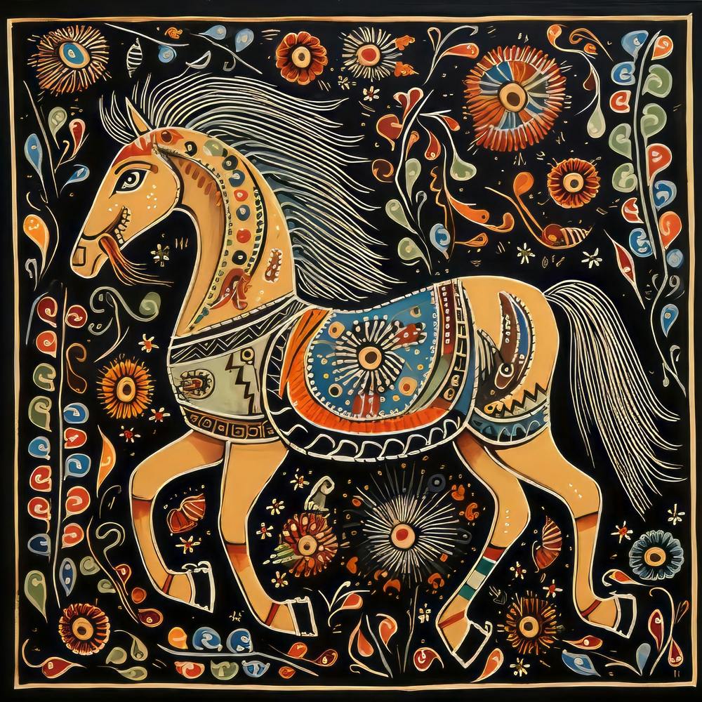 Horse Painting Madhubani Painting Indian Traditional Style