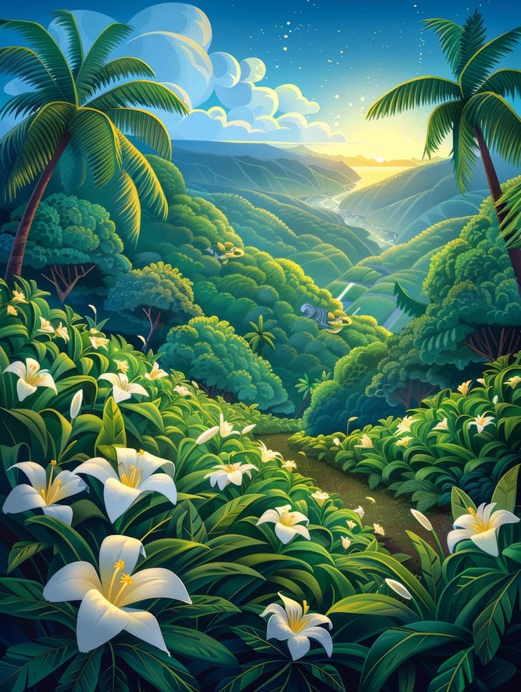 Tropical Landscape With White Lilies