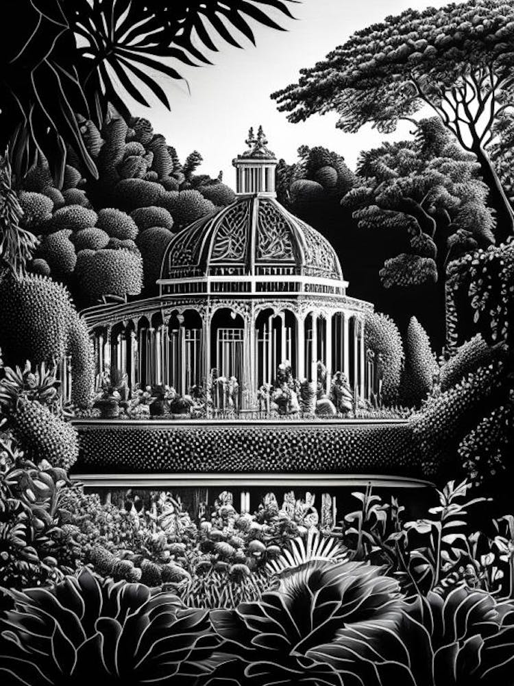 Royal Palace Of Laeken Gardens, Belgium Linocut Black And White Vintage