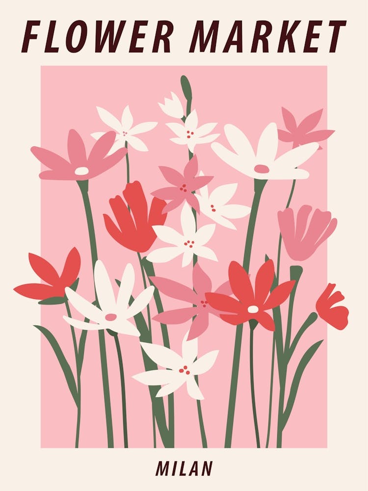 Flower market Milan, Cute pink flowers, Floral retro print
