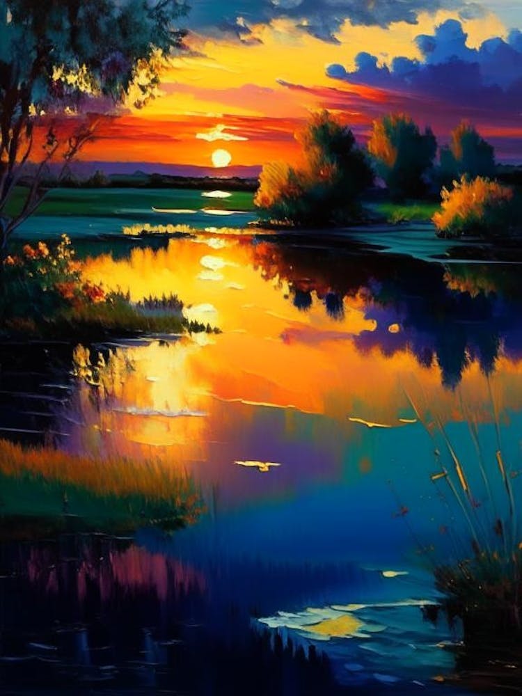 Sunset Over Pond Waterscape Impressionism 1